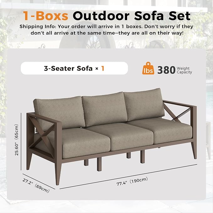 Aluminum Outdoor Patio Furniture Set, 3 Seats Outdoor Sectional with 5.2" Thick Cushions, Patio Conversation Sets for Backyard,(Brown,3 Seats)