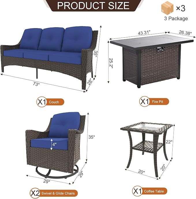 5-Piece Patio Furniture Set, Featuring a fire Pit Table, Rattan Swivel Chairs, Patio Sofa, and Side Table. Ideal for backyards, patios, and Poolside Areas.