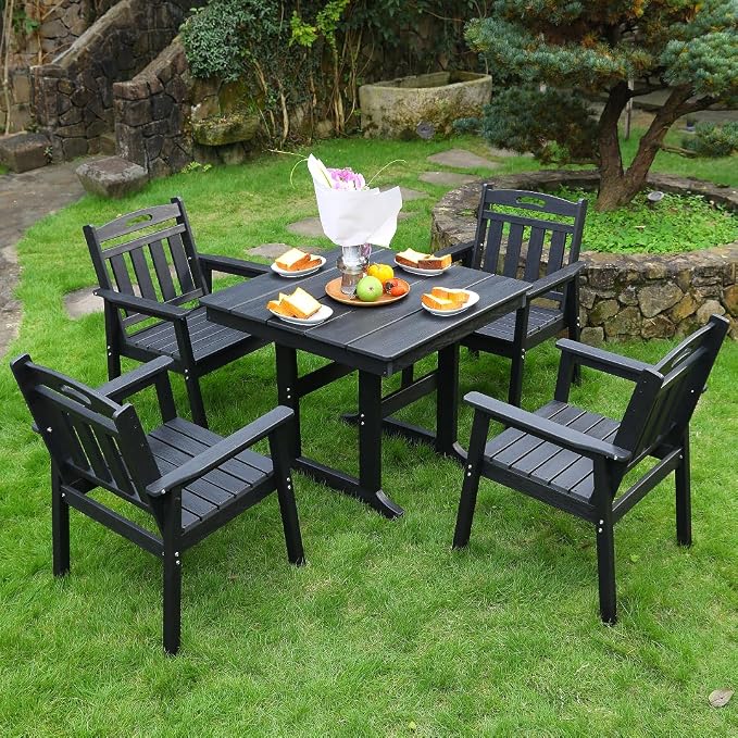 5-Pcs Outdoor Patio Dining Table Set of 5, Outdoor Patio Square 35'' Dining Table and Armchair for Lawn Garden Backyards Pool Side, Waterproof HDPE Material & 1.95'' Umbrella Hole, Black
