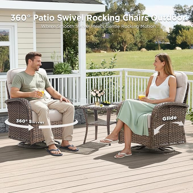8 Pieces Luxury Patio Furniture Set with 42.5" Fire Pit Table, 6-Inch Thick Cushions Wicker Outdoor Furniture with Outdoor Rocking Chairs Set of 4, Outdoor Patio Conversation Set for Garden, Beige