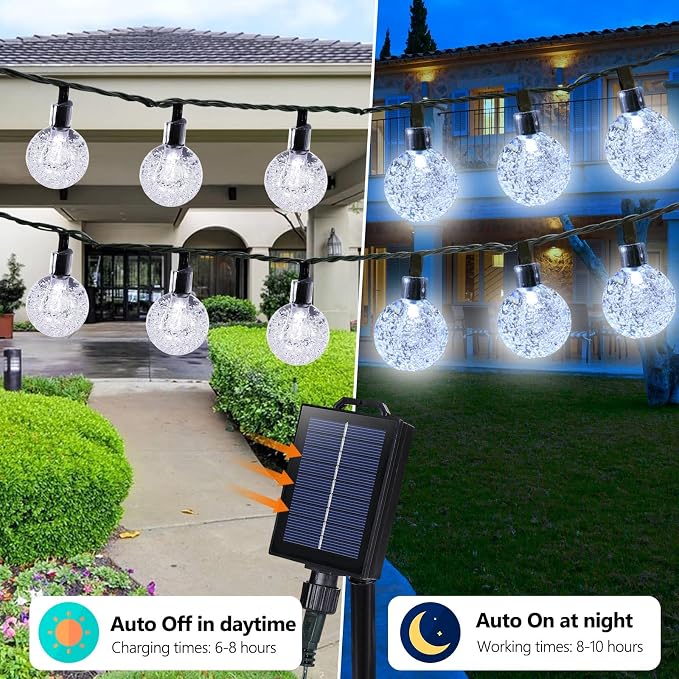 Joomer White Solar String Lights,39FT 60LED Crystal Ball Fairy Lights | 8 Modes Waterproof Outdoor Solar Powered Patio Light for Spring Summer Garden Lawn Gazebo Porch Backyard Tree Decorations