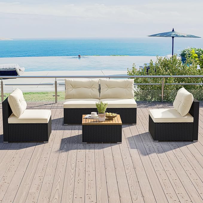 HAPPYGRILL 5 Pieces Patio Rattan Sofa Set, Outdoor Furniture Set with Seat & Back Cushions, Square Coffee Table with Acacia Wood Tabletop, Wicker Patio Conversation Set for Backyard, Poolside