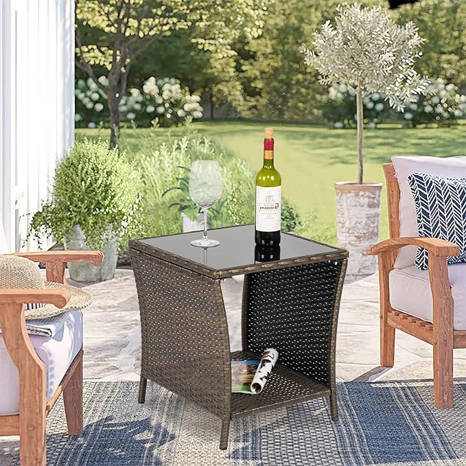 Outdoor Small Patio Table - PE Rattan Coffee Table, Wicker Side Table for Patio, Balcony & Porch, Durable & Iron Frame (1, Dark Blonde)