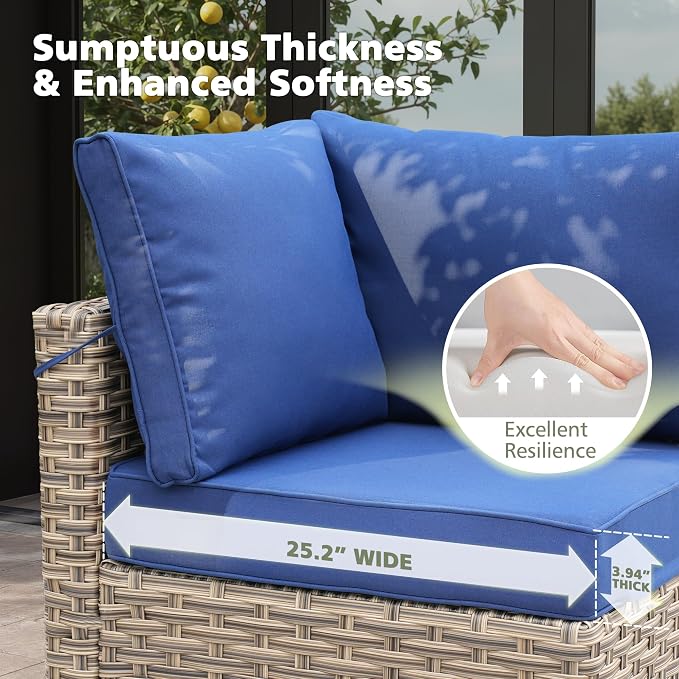 CAODOC 11-Piece Outdoor Sectional Sofa Set w/ 54" Fire Pit – L-Shaped Wicker Patio Furniture, Deep Seating & Swivel Rockers,Blue
