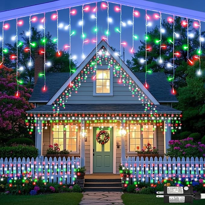 66ft Red White and Green Christmas Lights, 640 LED Icicle Lights for Outside, Clear Wire Connectable Twinkle Light with 8 Modes Timer Waterproof for House Window Party Tree Holiday Patio Yard Home