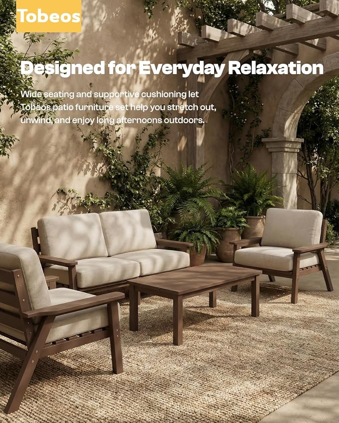 HDPE 5 Piece Patio Furniture Set, Outdoor Couch with Washable Thick Beige Cushions & Coffee Table, Outdoor Sectional Furniture for Backyard, Deck, Lawn, Porch (Brown Frame)