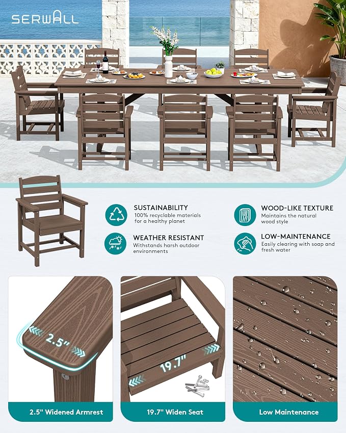 SERWALL 10 Piece Outdoor Dining Set with 15ft Triple-Head Foldable Umbrella(Based not Included), 84" HDPE Outdoor Table and Chairs for 8, Brown