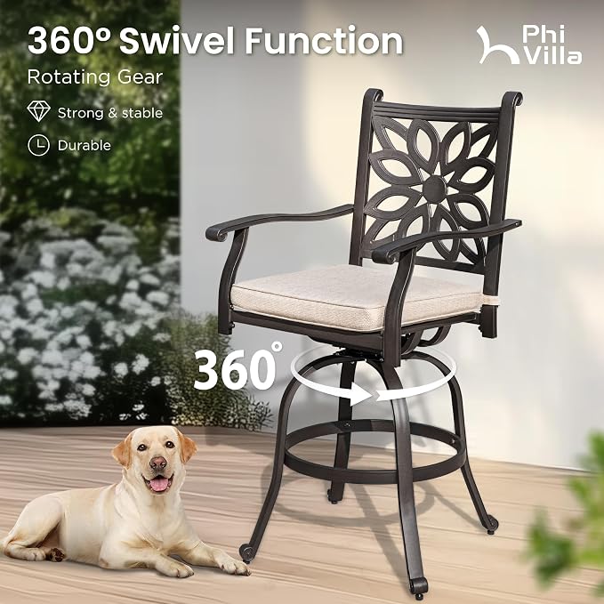 PHI VILLA Outdoor Swivel Bar Stools Set of 2, Cast Aluminum Patio Bar Height Chairs with Seat Cushion, All-Weather Bar Dining Chairs Metal Bistro Chairs