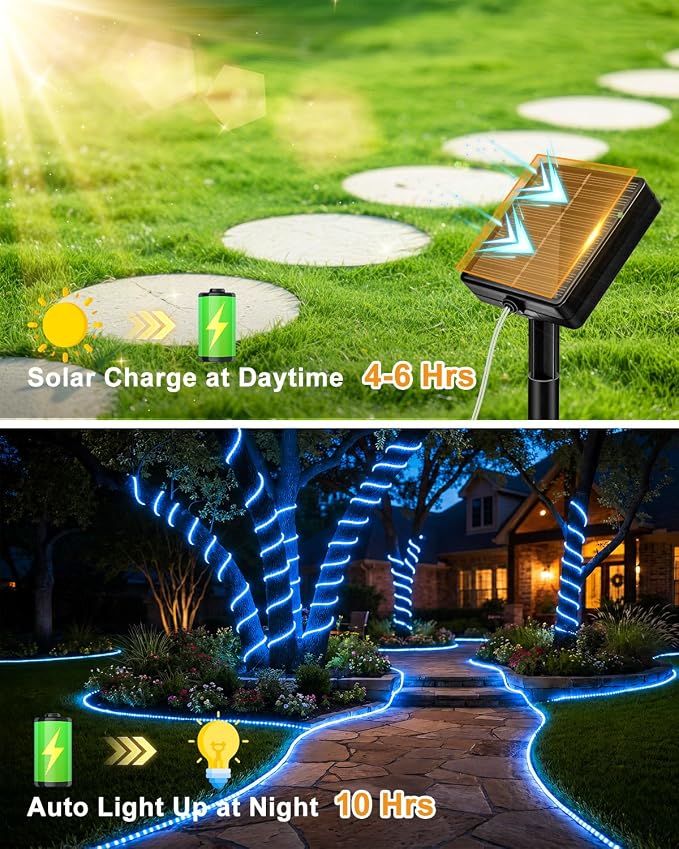 btfarm 2 Pack Solar Rope Lights Outdoor, Total 92FT 240LED Solar String Lights Outside Waterproof, 8 Lighting Mode Solar Powered Trampoline Light for Garden Tree Christmas Yard Party Decor, Blue