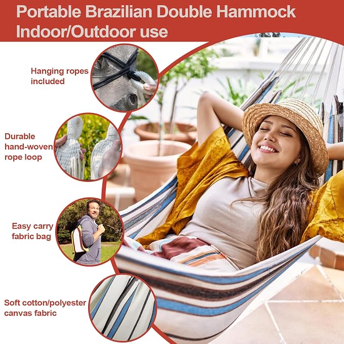 JoyView Brazilian Hammock for Single Person Portable Hammock with Hanging Ropes & Carry Bag Large 78.8x39.4” for Patio 300LBS Capacity Perfect for Outdoor/Indoor - Coastal Breeze