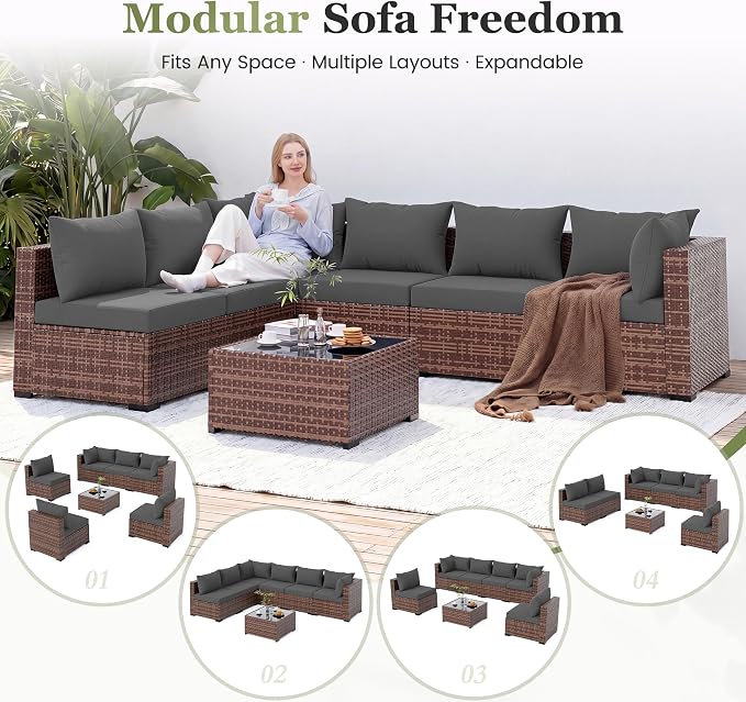 Amopatio Patio Furniture Sets, 7 Pieces Outdoor Rattan Sectional with Glass Table and Cushions,Wicker Patio Conversation Set for Outdoor Indoor Backyard Lawn Garden Porch (Grey)