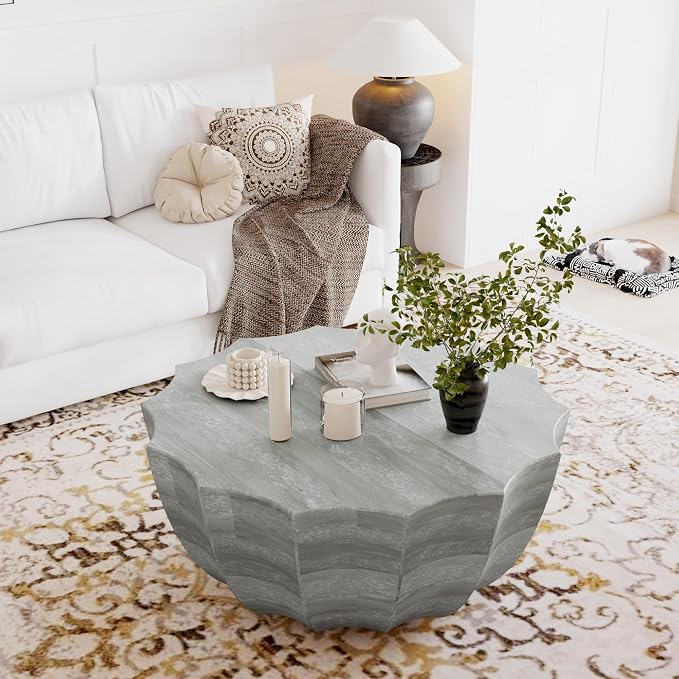 35.43" Concrete Outdoor Table,Modern Round Stone Coffee Table,Waterproof Outdoor Coffee Table for Patio for Terraces, Gardens, Backyards and Living Rooms (Marble White, 35.43")