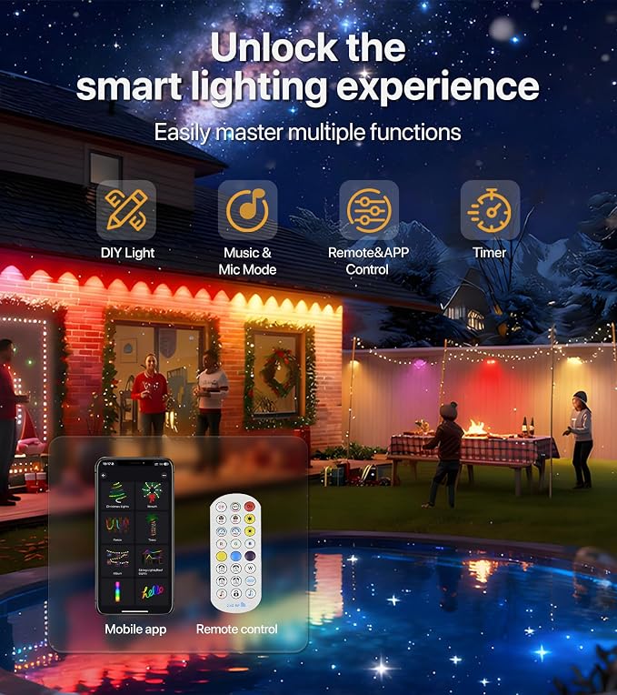 Permanent Outdoor Lights, 100FT RGB+IC Eave Lights, Music Mode | Permanent Outdoor Lights with App & Remote Control, 72+ Preset Scenes, Timer, and IP65 Protection for Homes, Yard