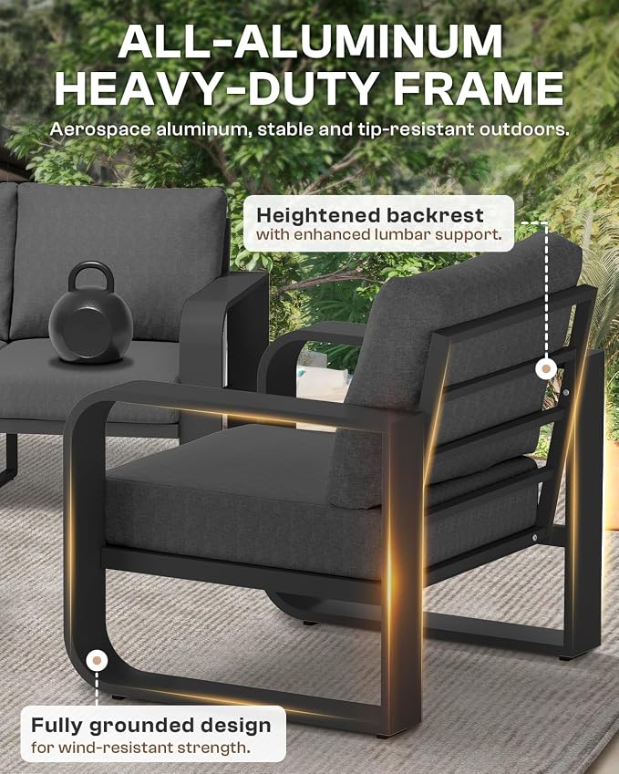 Aluminum Outdoor Sofa Bistro Set, Oversized Patio Conversation Sets Widened Armrest & Ultra-Thick Cushions, Deep Seating Patio Furniture Set for Backyard, Deck, Graphite