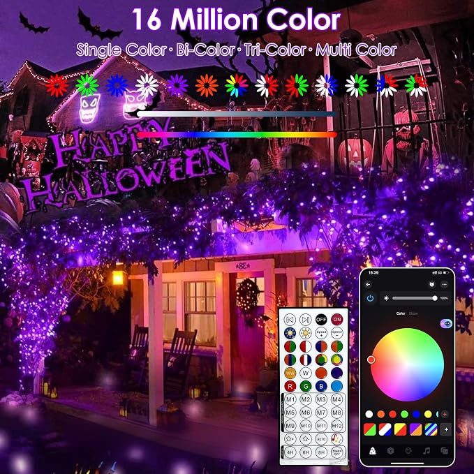 Smart Color Changing Christmas Halloween Tree Light String 66 FT 200 LED | App and Remote Controlled,Music Syn, 16M Multicolors and Multi Modes, Timer, IP44 Waterproof Indoor Outdoor RGB Xmas lights