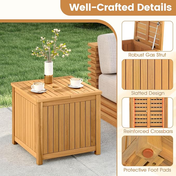 Tangkula 2-in-1 Outdoor Side Table with Storage, Acacia Wood Slatted Coffee Table with Umbrella Hole & Removable Base, Square Slatted End Storage Box for Backyard, Poolside