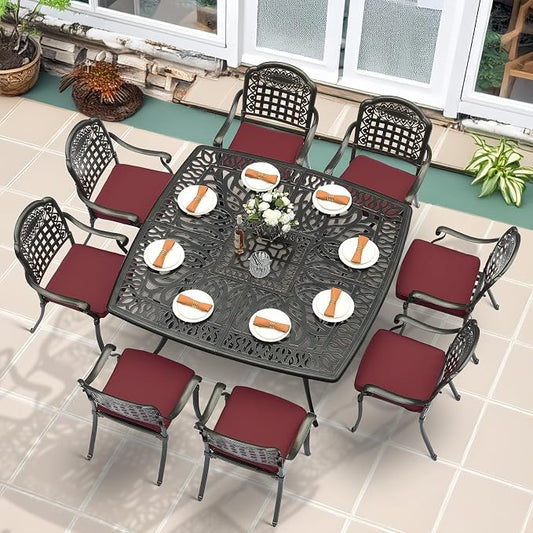 MEETWARM 9-Piece Outdoor Furniture Dining Set for 8, All Weather Cast Aluminum Patio Dining Set- Large 64" Square Table with Umbrella Hole and 8 Cushioned Chairs, Patio Table and Chairs Set, Red
