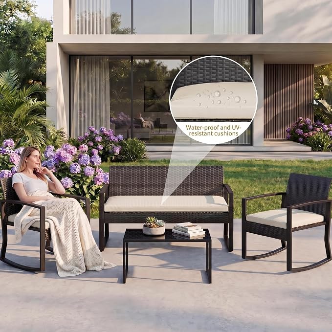 IDEALHOUSE 4 Piece Outside Patio Furniture Set, Outdoor Wicker Rocking Chair Conversation Set with Glass Coffee Table, PE Rattan Patio Furniture for Backyard, Porch, Patio, Poolside