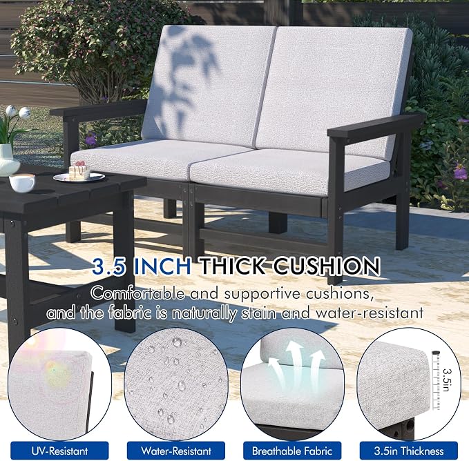 6-Piece HDPE Patio Furniture Set, All-Weather Outdoor Sectional Sofa Set w/Coffee Table+Side Table - Wood-Like Composite Conversation Couch for Deck, Lawn, Balcony - Black Frame with Cushion