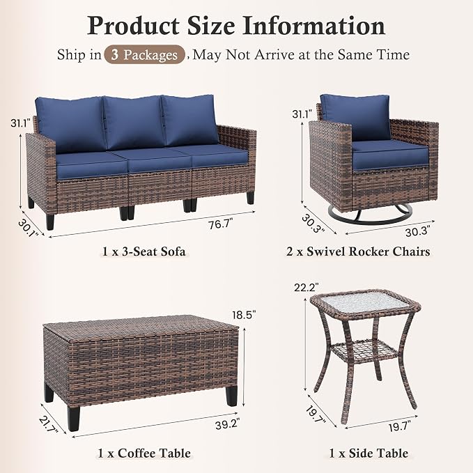 Amopatio Patio Furniture Set, Wicker Outdoor Sectional Sofa with Swivel Rocker Chairs, All-Weather Rattan Conversation Set, Storage Coffee Table, Waterproof Cover for Backyard, Deck Brown/Navy 5 PCS