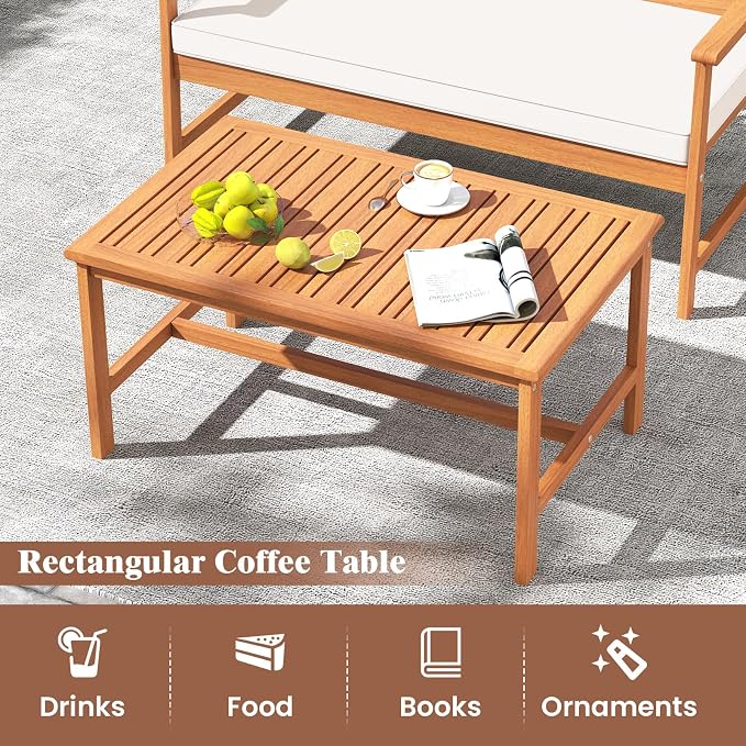 Tangkula 4-Piece Acacia Wood Patio Conversation Set, Outdoor Furniture Set with 2 Armchairs, Loveseat, Coffee Table, Soft Cushions, Slatted Sofa and Chairs Set for Deck, Backyard (Off White,1)
