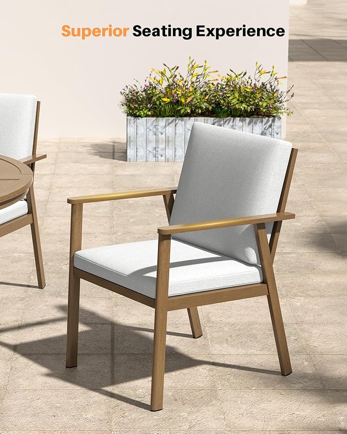 5-Piece Outdoor Patio Dining Set, Aluminum Round Dining Table with 4 Dining Chairs, Never-Rust Round Outdoor Dining Set, Patio Dining Table Set for Yard, Deck, Garden, Teak
