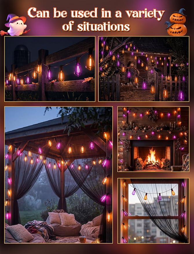 25ft Halloween String Lights Outdoor, ST38 Orange Purple LED Shatterproof Light Bulbs, Waterproof Dimmable Hanging Lights for Yard Patio Decor