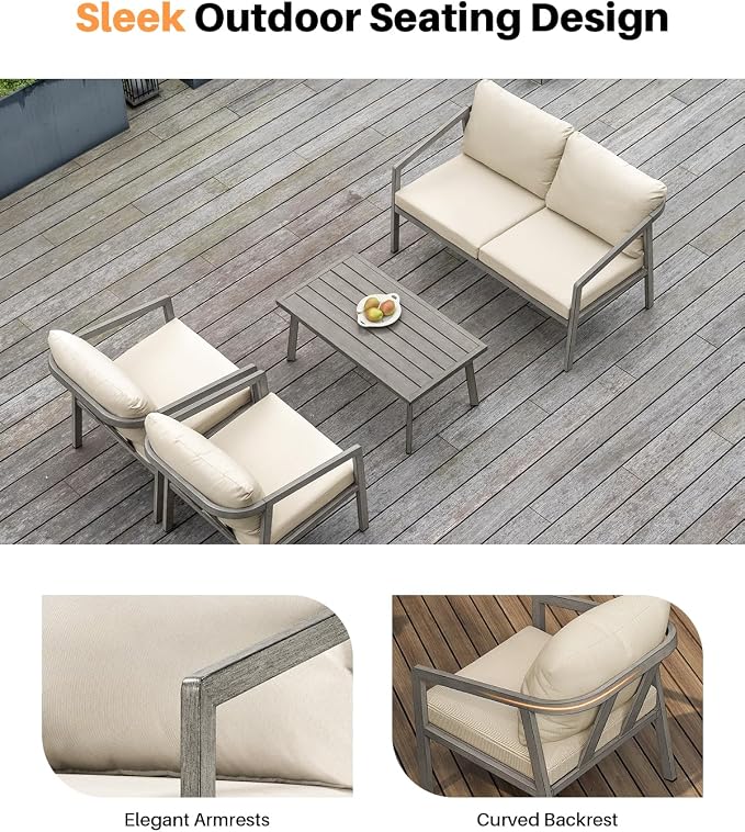 4-Piece Outdoor Sofa Set, Never-Rust Aluminum Patio Conversation Set with Thick Cushions, Outdoor Loveseat, 2 Patio Armchairs and Coffee Table for Outside, Poolside, Deck, Gray Oak