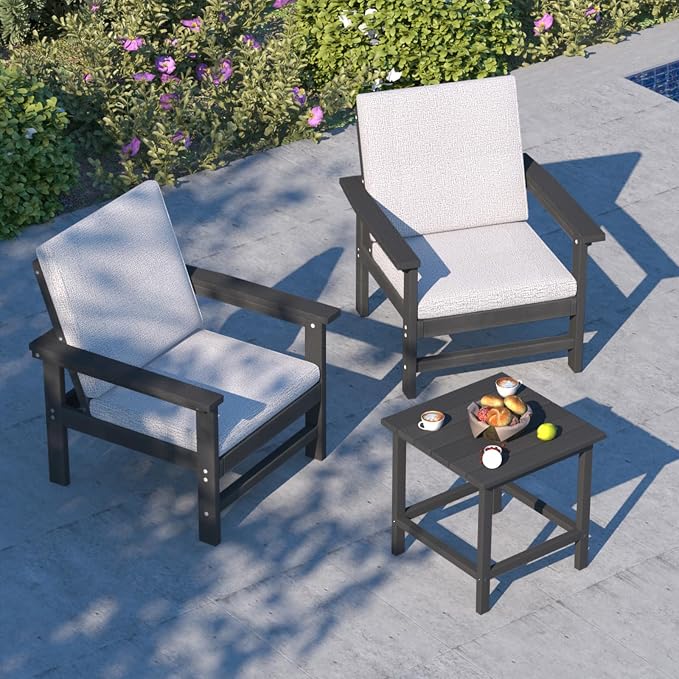 3-Piece HDPE Patio Furniture Set, All-Weather Outdoor Sectional Sofa Set with Side Table & Cushions - Wood-Like Composite Conversation Couch for Deck, Lawn, Balcony - Black Frame