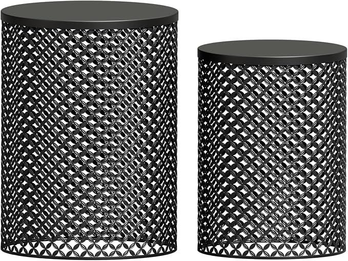 ChicFurnit Outdoor Side Table Set of 2, Cylindrical Metal Frame End Table, Decorative Garden Stool for Indoor Outdoor, Accent Garden Table Modern Nesting End Table for Patio Balconies, Cafes, Black