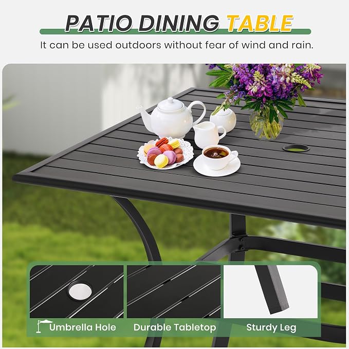 LVUYOYO Outdoor Patio Dining Table, Metal Square Table with Umbrella Hole, All-Weather Furniture for Backyard, Garden,Balcony,Porch (Black)