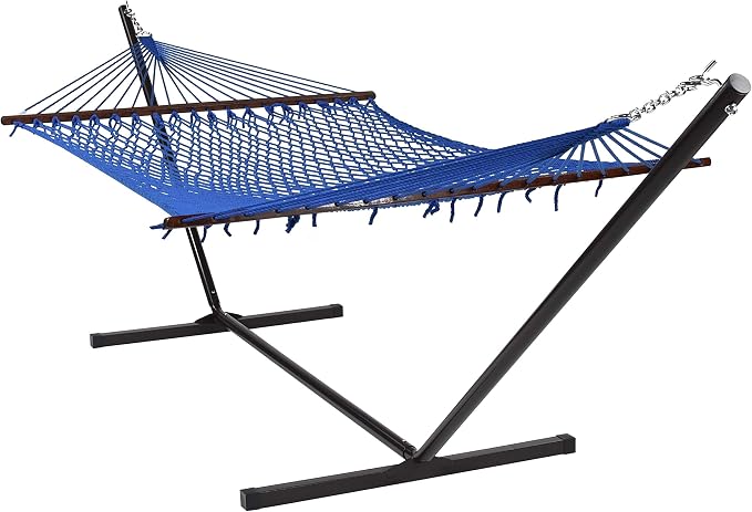 Island Escape Rope Hammock and Stand Set (Mocha Stand and Dark Blue Hammock)