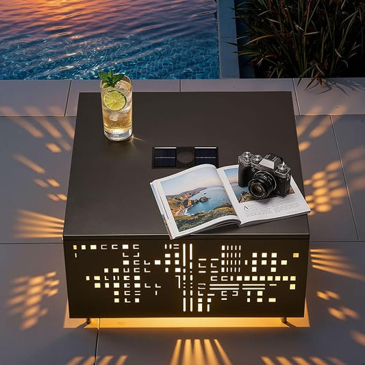 27" Outdoor Solar-Light Coffee Table with Geometric Cut-Out Design, Square Accent Coffee Table with Umbrella Hole, All Weather-Resistant Side Table for Patio, Garden, Deck, Black