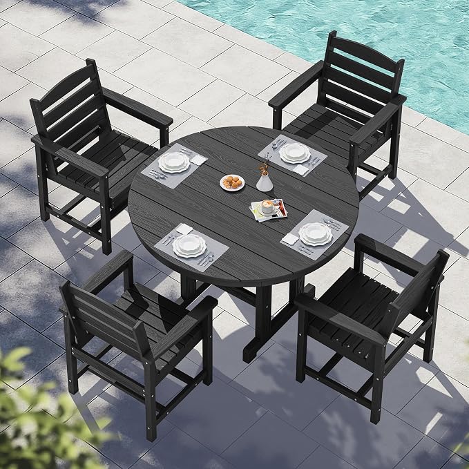 SERWALL Outdoor Round Dining Sets with Umbrella, HDPE Patio Table and Chairs Furniture Set, 45" Round Dining Table & 4 Dining Chairs & 1 9FT Umbrella, Black(Not Include Umbrella Base)