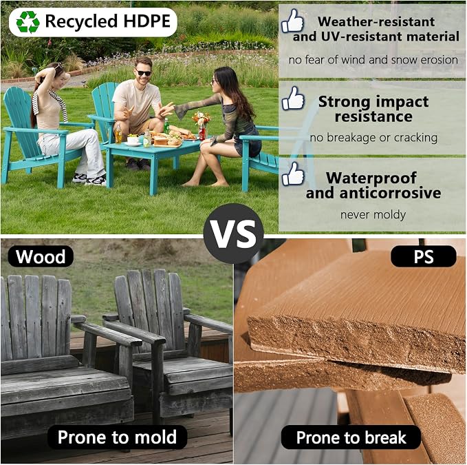 nevilywood Compact Stackable Adirondack Chairs Set of 4,HDPE,380lbs,Aruba | 26.3" Wide HDPE.All-Weather Outdoor.Maintenance-Free.Stackable for Storage.25°Curved Straight Backrest.Quick Assembly