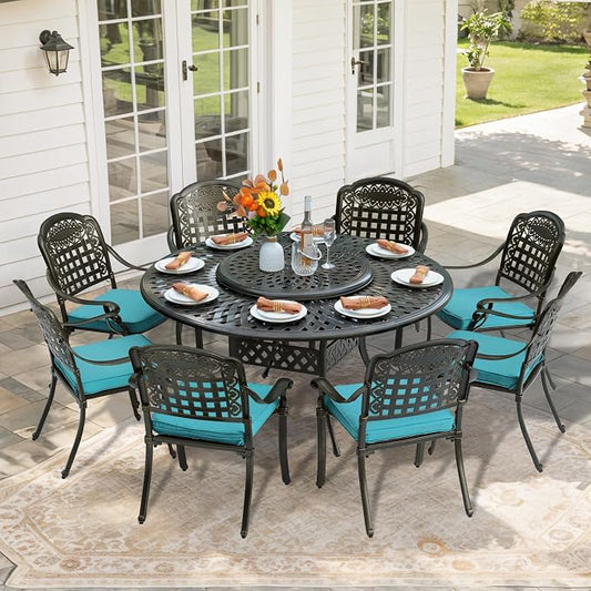 9-Piece Patio Furniture Dining Set, All Weather Cast Aluminum Outdoor Conversation Set- 61" Round Patio Dining Table with Detachable Lazy Susan & 8 Chairs, 2" Umbrella Hole, Ocean Blue