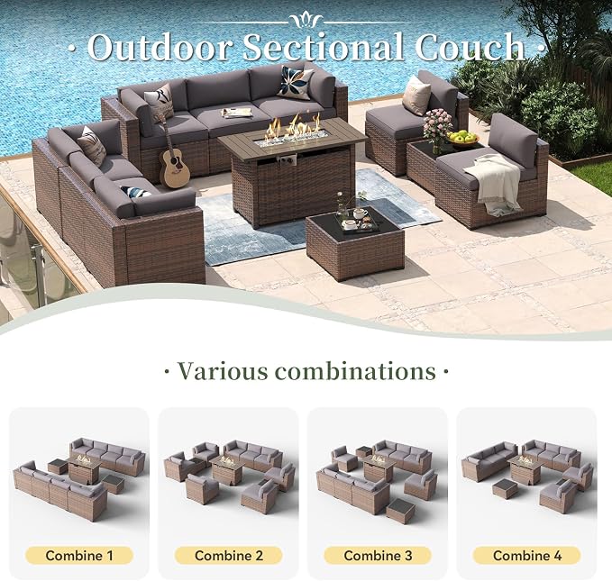 Aoxun 11 Piece Patio Furniture Set with 44” Fire Pit Table Wicker Rattan Outdoor Sectional Sofa Set with Coffee Table and Thickened Cushions, Gray