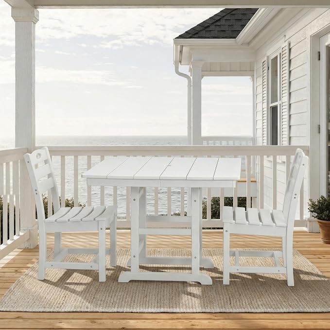 WILLIAMSPACE 37.8" Outdoor Patio Dining Set with 2 Armless Chairs, All Weather HDPE Square Dining Table with Umbrella Hole, Patio 3-Piece Bistro Set for Backyard, Balcony, Lawn, Kitchen (White)