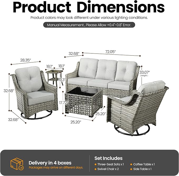 5 PCS Patio Conversation Set, All-Weather Rattan Wicker Outdoor Patio Furniture Sets with High Back Swivel Rocker Chair, Solar Light Coffee Table for Porch,Backyard,Balcony,Light Grey