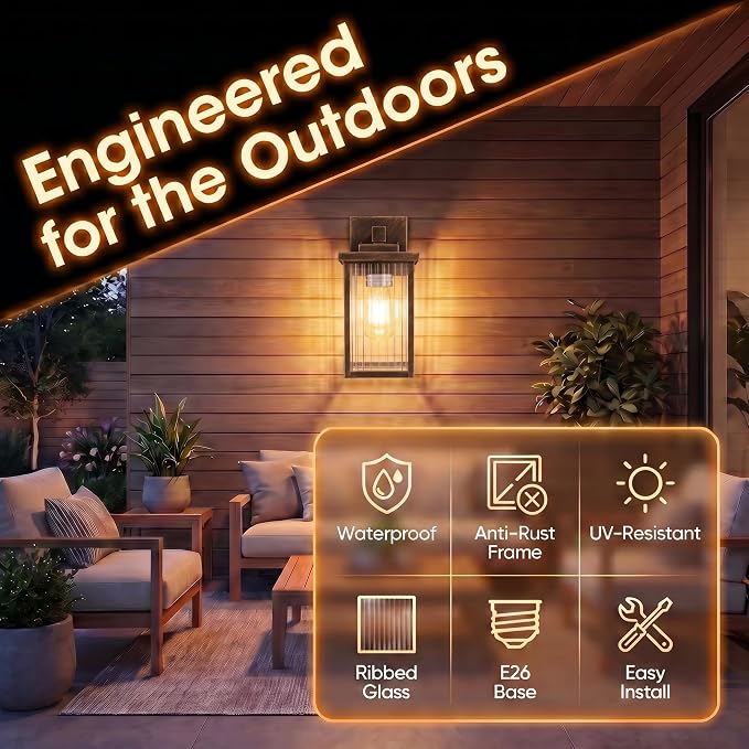 13" Black Brush Gold Outdoor Wall Light, All-Metal Frame Porch Light | Textured Glass Softens Glare, Stays Bright. Dual-Tone Rust-Resistant Metal. Pre-Assembled DIY Install. For Porch, Garage