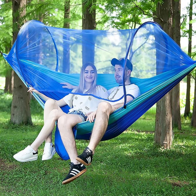 LFL Camping Hammock with Mosquito Net, Hammocks with Net, 1 & 2 Persons Outdoor Portable Tree Straps Swing Hammock, Nylon Parachute Outside Material Hammocks with Bug Net, Blue