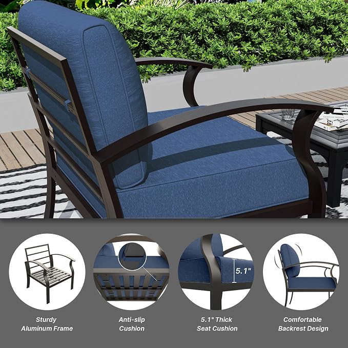 Gotland Aluminum Patio Furniture Set, Metal Outdoor Furniture with 45’’ 55,000 BTU Fire Pit Table 5.1’’ High-Resilience Seat Cushions, 5 Piece Patio Set Patio Conversation Sets for Backyard, Navy