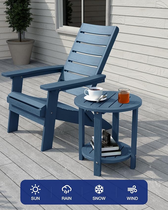 YEFU Outdoor Side Table for Patio: 16in HIPS Small Round Outdoor End Table - 2-Tier Adirondack Tables for Patio Porch Yard Poolside Living Room Beach Bedroom (Navy, 1 Pack)