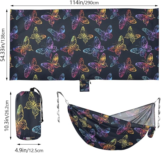 Camping Hammock Outdoor Hammocks for Outside Butterfly Dark Neon Beach Trees Portable Lightweight with Pockets Tree Straps Indoor