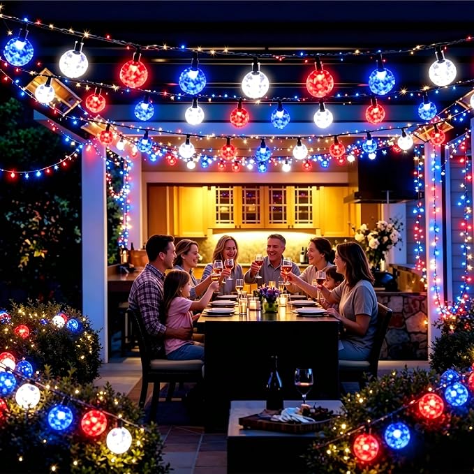 Joomer Red White Blue Solar String Lights,39FT 60LED 4th of July Decor | with 8 Lighting Modes Waterproof, Solar Powered Fairy Lights for Independence Day Yard Gazebo BBQ Patriotic Party Decorations