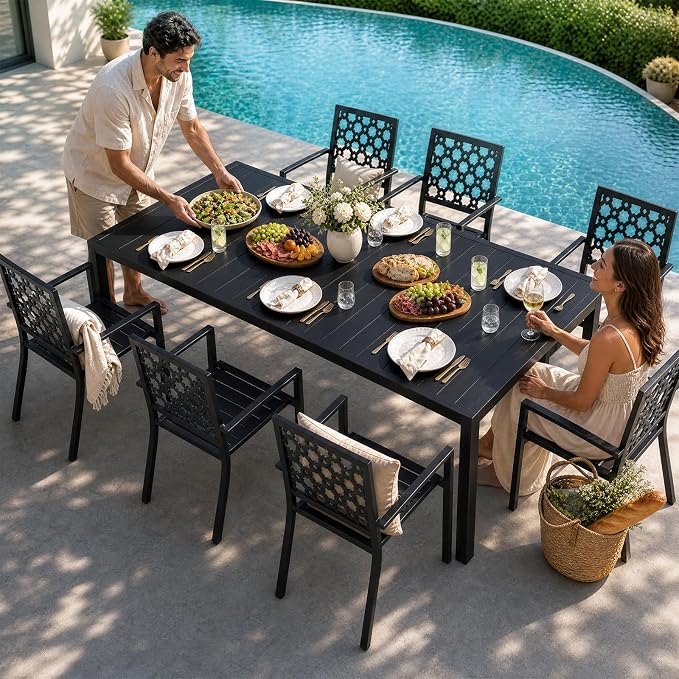 bigget Extendable Patio Dining Table for 8, 78.8" Long Rectangular Expandable Outdoor Dining Table for 8, 500LBS Powder-Coated Black Metal Extra Large Outdoor Patio Table for Outside, Garden, Lawn
