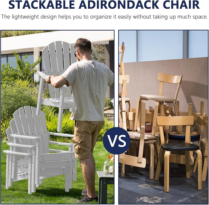 nevilywood Compact Stackable Adirondack Chairs Set of 4,HDPE,380lbs,White | 26.3" Wide HDPE.All-Weather Outdoor.Maintenance-Free.Stackable for Storage.25°Curved Straight Backrest.Quick Assembly