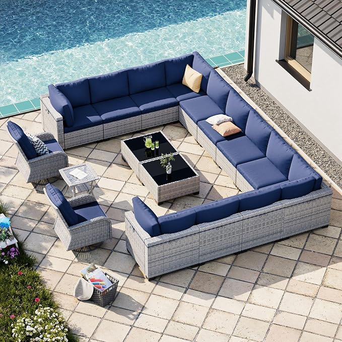 17-Piece Patio Furniture Set, Outdoor Patio Furniture with Swivel Chairs Set, Thick Cushions, Modular Patio Sofa, Dual-Strand Wicker Rattan, Rust-Resistant Frame, Deep Blue