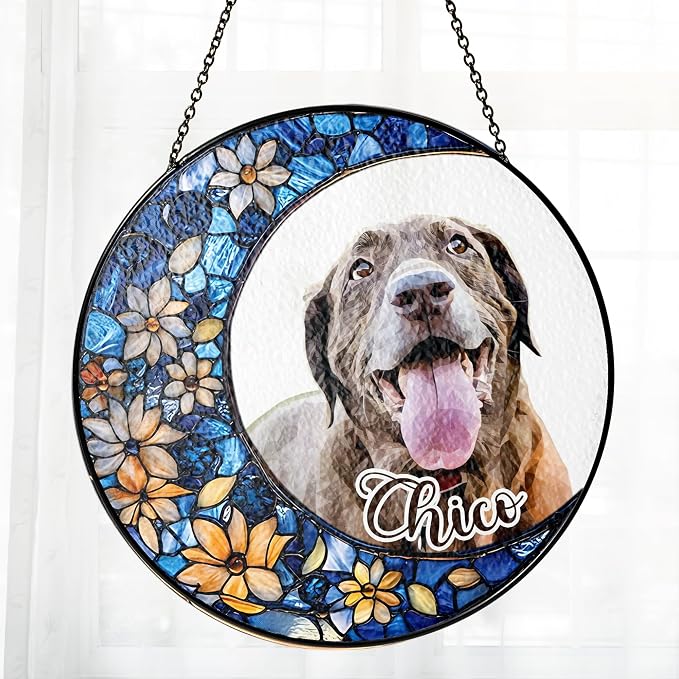 Personalized Memorial Dog Cat, Portrait Photo, Moon Stained Glass Window Hanging Suncatcher - Keepsake Gift for Pet Lover (Memorial Moon Pet)
