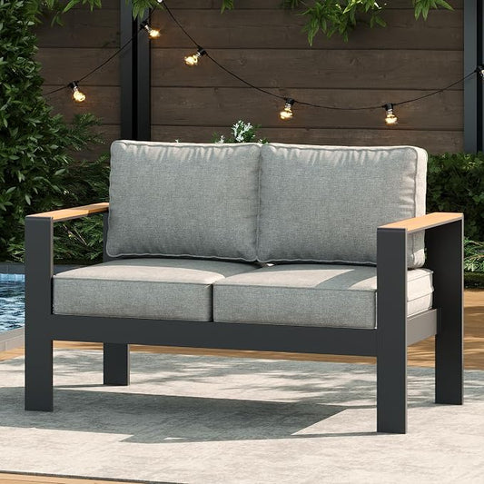 LayinSun Aluminum Outdoor Furniture Set 2 Seat Loveseat, Outside Patio Deep Seating Conversation Set with Upgraded Washable Thick Cushion